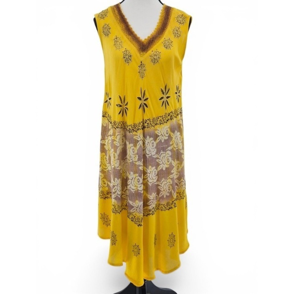 Yellow Embroidered Boho Midi Dress L Sleeveless V Neck Flowy Viscose Resortwear